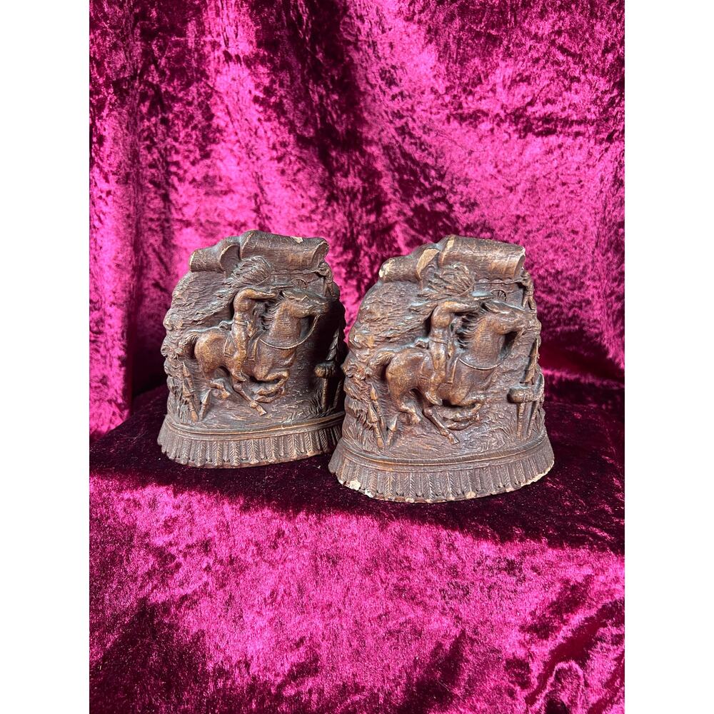 Vintage Home Decor - Bookends - Native American Warriors on Horses - Syroco